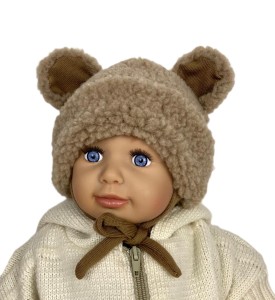 Czapka wiązana 62/68 cm wełna 100% wool  miś ciepła