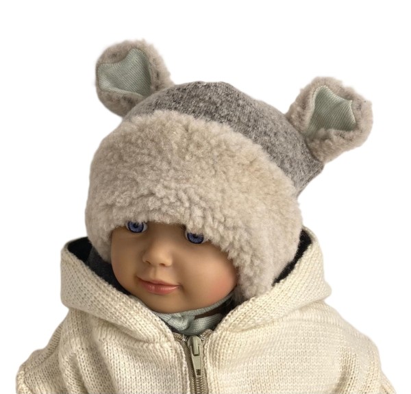 Czapka wiązana 62/68 cm wełna 100% wool  miś ciepła