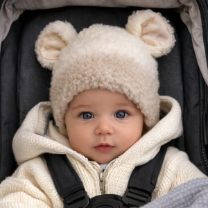 Czapka wiązana 50/56 cm wełna 100% wool  miś ciepła